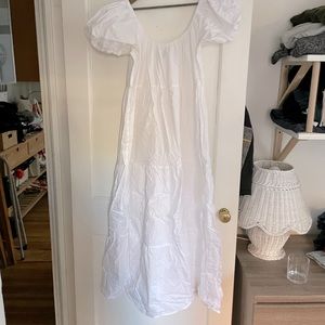 Smocked white puff sleeve maxi dress